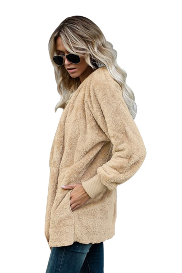 Khaki Soft Fleece Hooded Open Front Coat