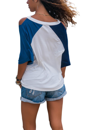 Double Blue Raglan Sleeves Open Shoulder Shirt