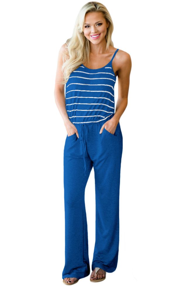 Navy Striped Spaghetti Tank Drawstring Jumpsuit