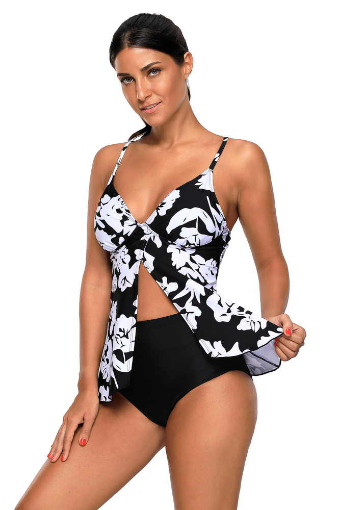 White Paper Cut Print Sexy Flyaway Tankini