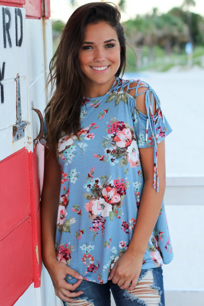 Blue Floral Top with Lace up Shoulder