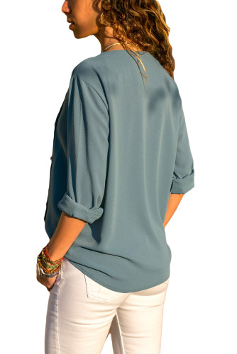 Slate Blue Turndown Collar Asymmetric Button Down Blouse