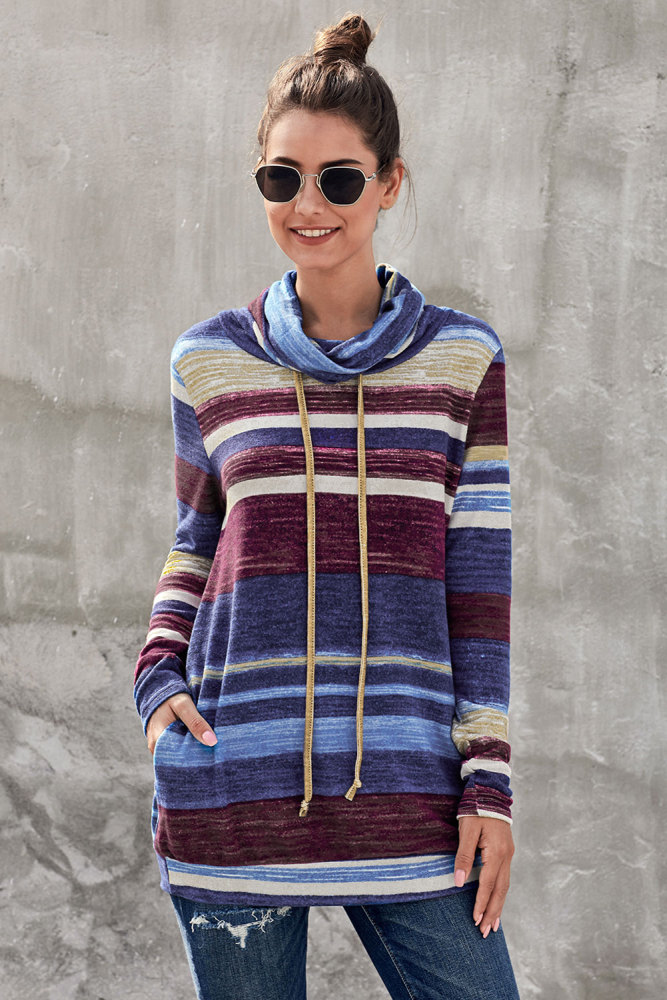 Blue Multicolor Cowl Neck Striped Long Sleeve Sweatshirt