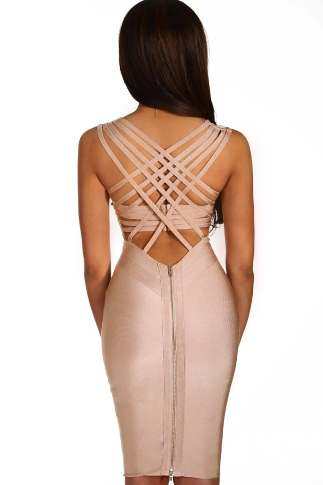 Pink V Neck Strappy Back Bandage Dress