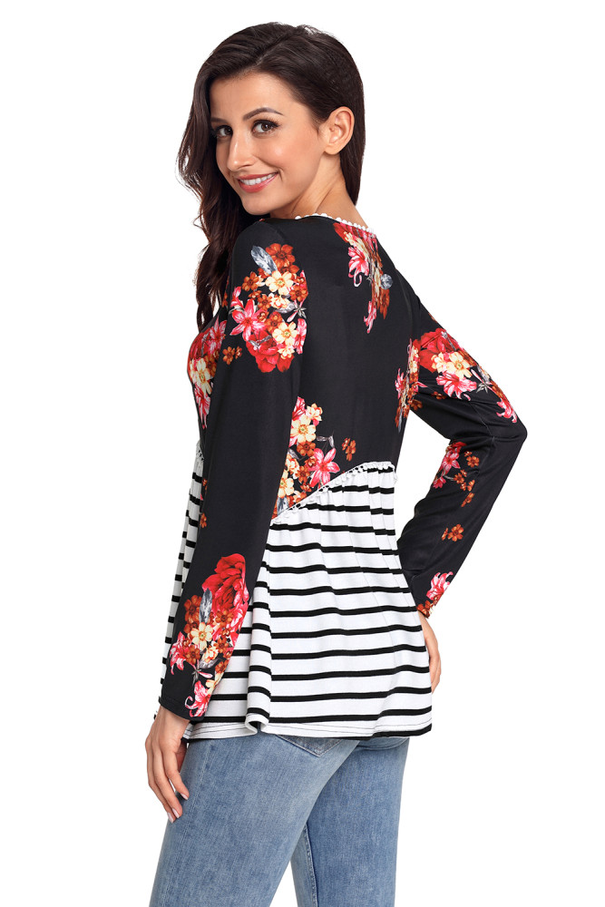 Black Floral Striped Babydoll Tunic