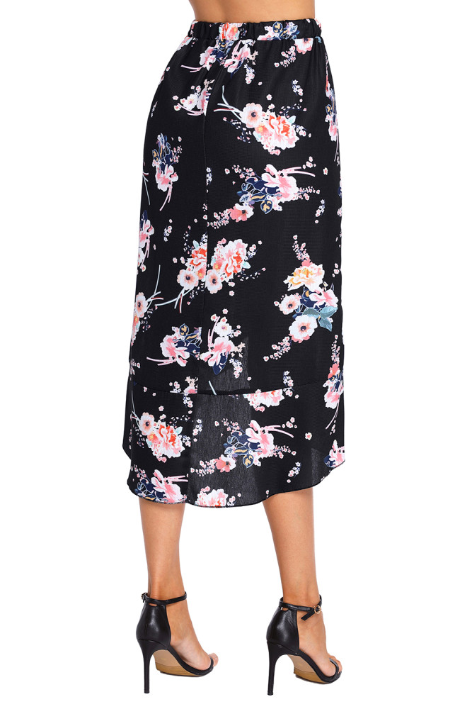 Floral Ruffle Wrap Skirt in Black