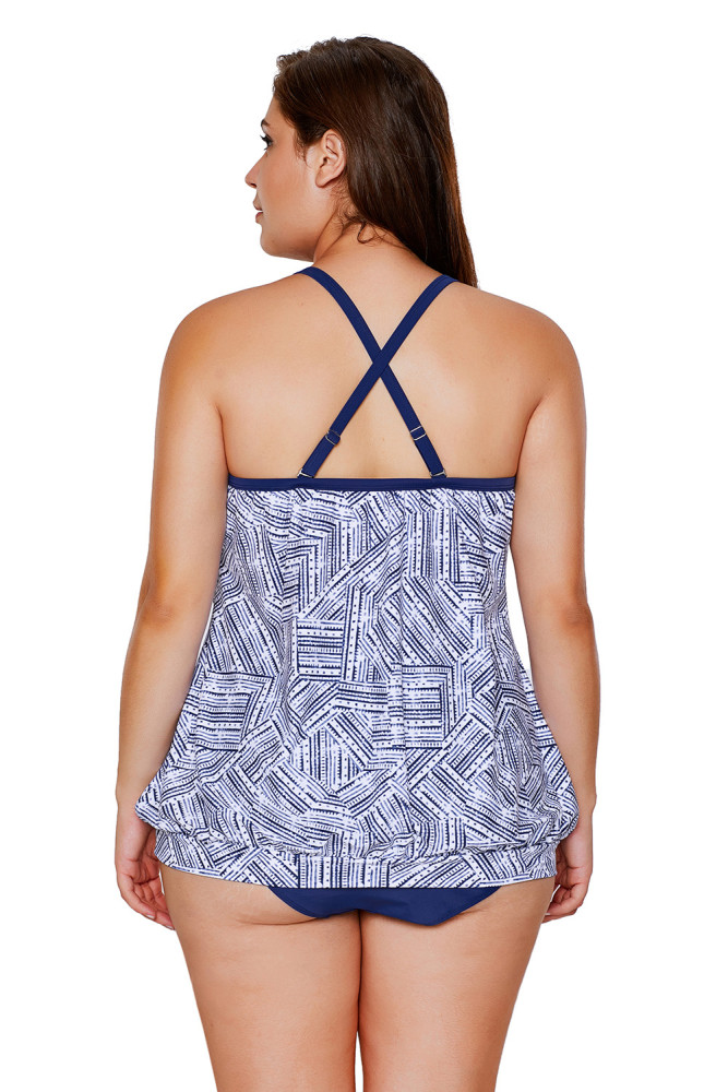 White Navy Blue Print Tankini 2pcs Bathing Suit