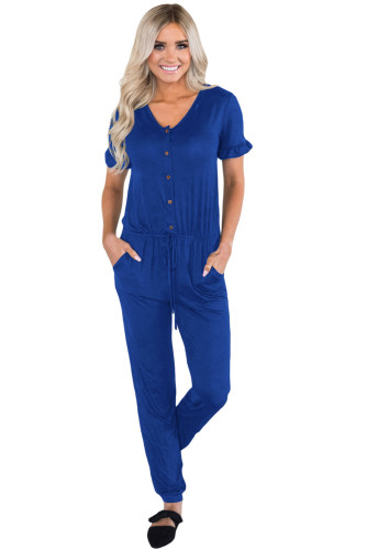Navy Blue Ruffled Short Sleeve Casual Jersey Jumpsuit
