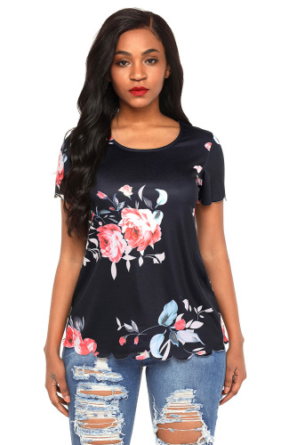 Black Pink Floral Scalloped Top