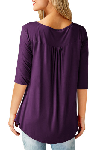 Purple 3/4 Sleeve Button Detail Pleated Tunic