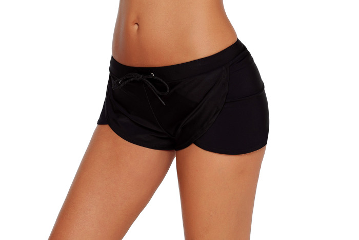 Solid Black Drawstring Waist Boyshort Beach Bottom