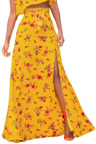 Yellow Floral Thigh Slit Maxi Skirt