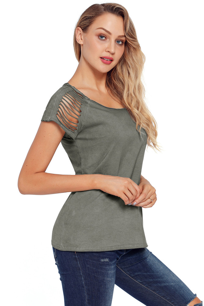 Gray Ripped Hollow Out Shoulder Tie Dye T-Shirt Top