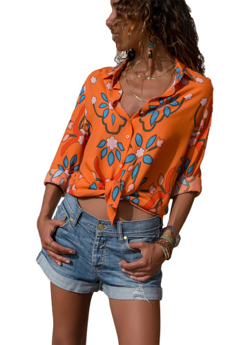 Orange Long Sleeve Floral Print Button Front Shirt