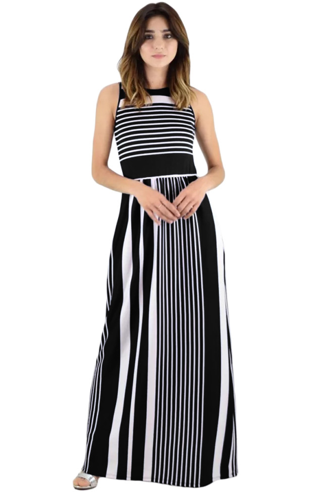 Black White Striped Pocket Style Maxi Tank Dress