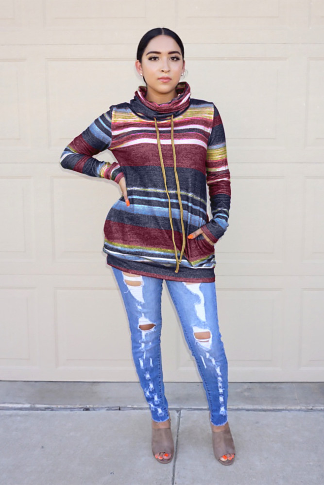 Blue Multicolor Cowl Neck Striped Long Sleeve Sweatshirt