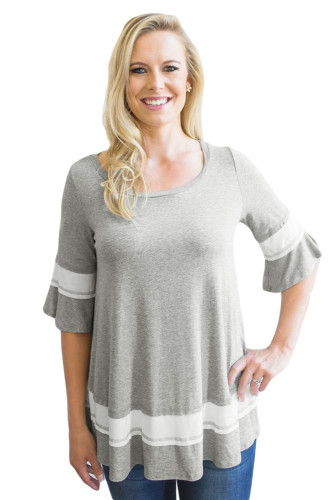 Grey Striped Color Block Half Sleeve Babydoll Tunic