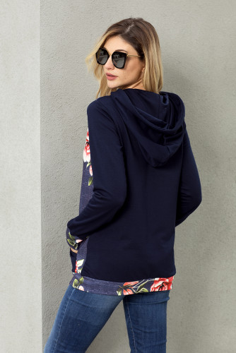 Navy Kangroo Pocket Floral Hoodie