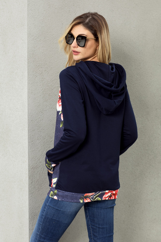 Navy Kangroo Pocket Floral Hoodie
