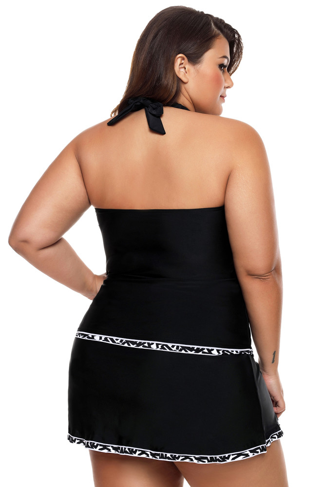 Contrast White Trim Black Halter Tankini Skort Swimsuit