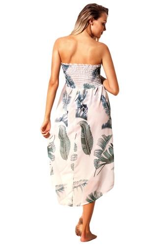 Tropical Leaf Print White Convertible Beach Dress