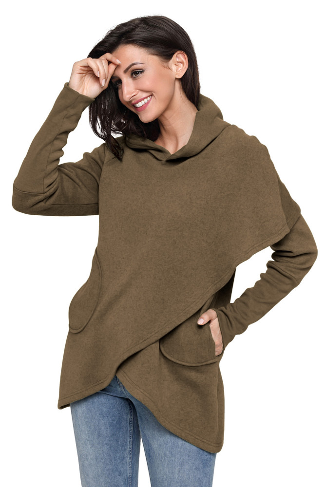 Taupe Tulip Wrap Cape Style Long Sleeve Hoodie