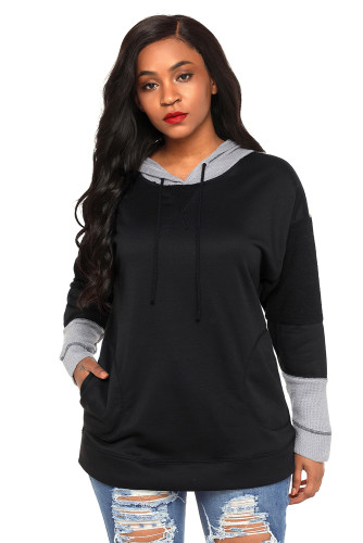 Waffle Knit Splice Black Pocket Hoodie