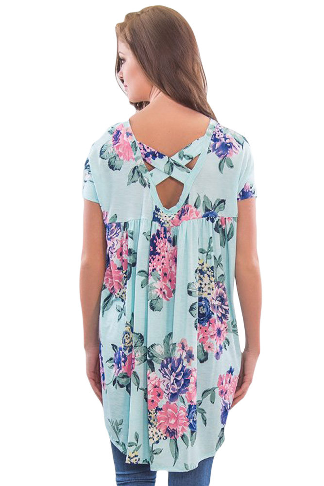 Mint Floral Print Criss Cross Back Top
