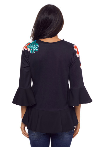 Cute Flowery Print Black Bell Sleeve Peplum Top