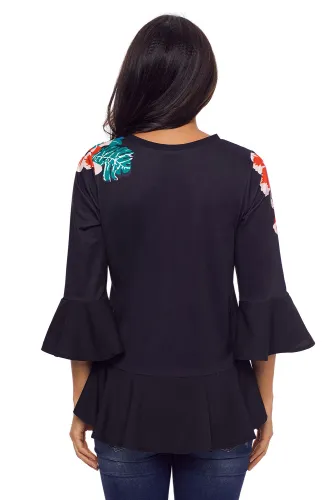 Cute Flowery Print Black Bell Sleeve Peplum Top