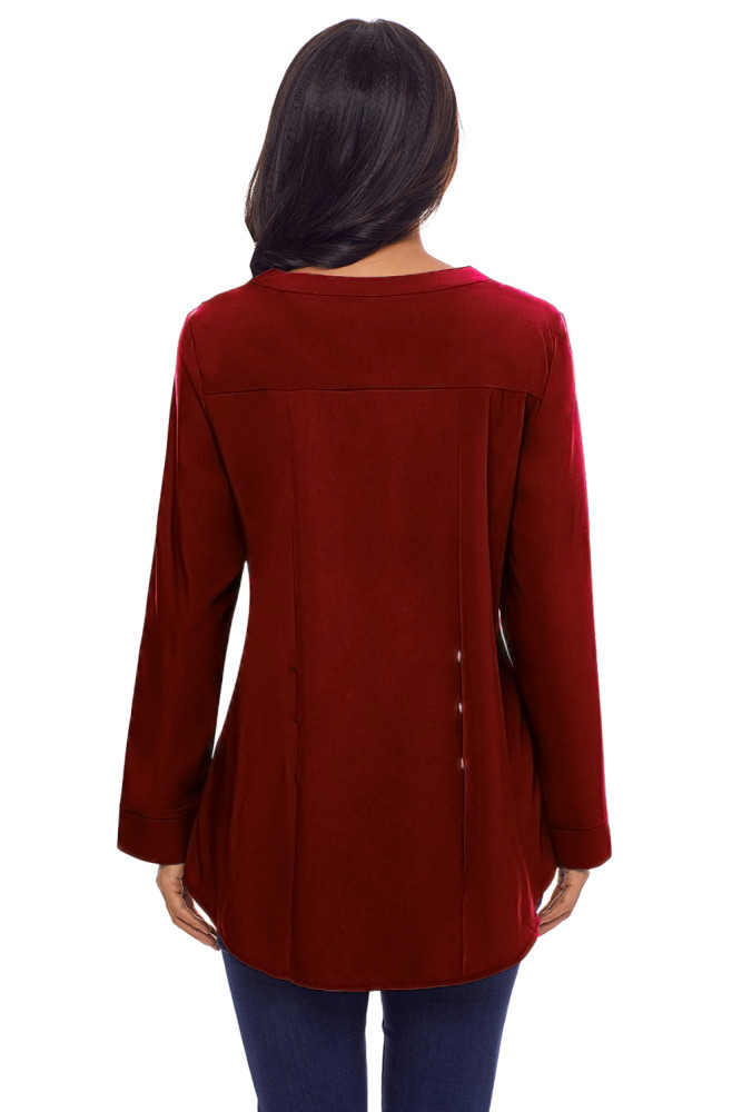 Red Lace Panel Split Neck Roll Tab Sleeve Blouse