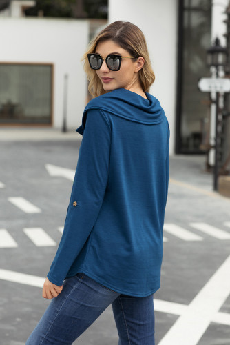 Dark Blue Cowl Neck Kangaroo Pocket Pullover Top