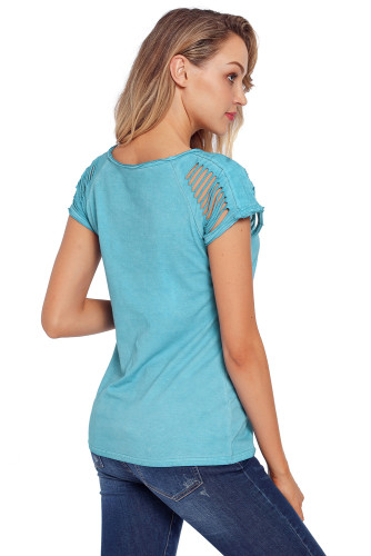 Blue Ripped Hollow Out Shoulder Tie Dye T-Shirt Top