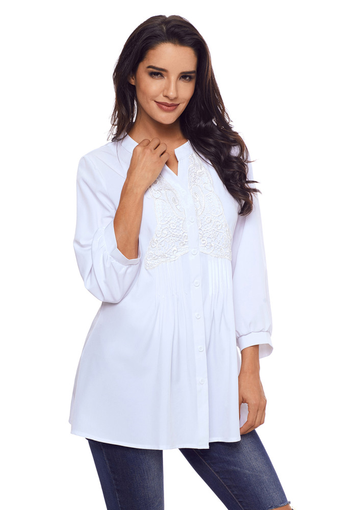White Lace and Pleated Detail Button up Blouse