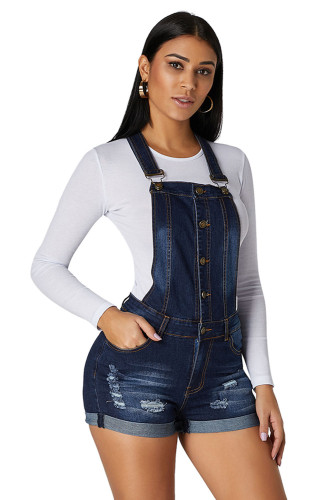 Dark Blue Roll-up Cuffs Button Down Denim Short Overall