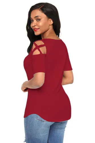 Burgundy Crisscross Cold Shoulder Short Sleeve Shirt