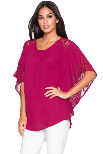 Rosy Lace Splice Batwing Sleeve Chiffon Blouse