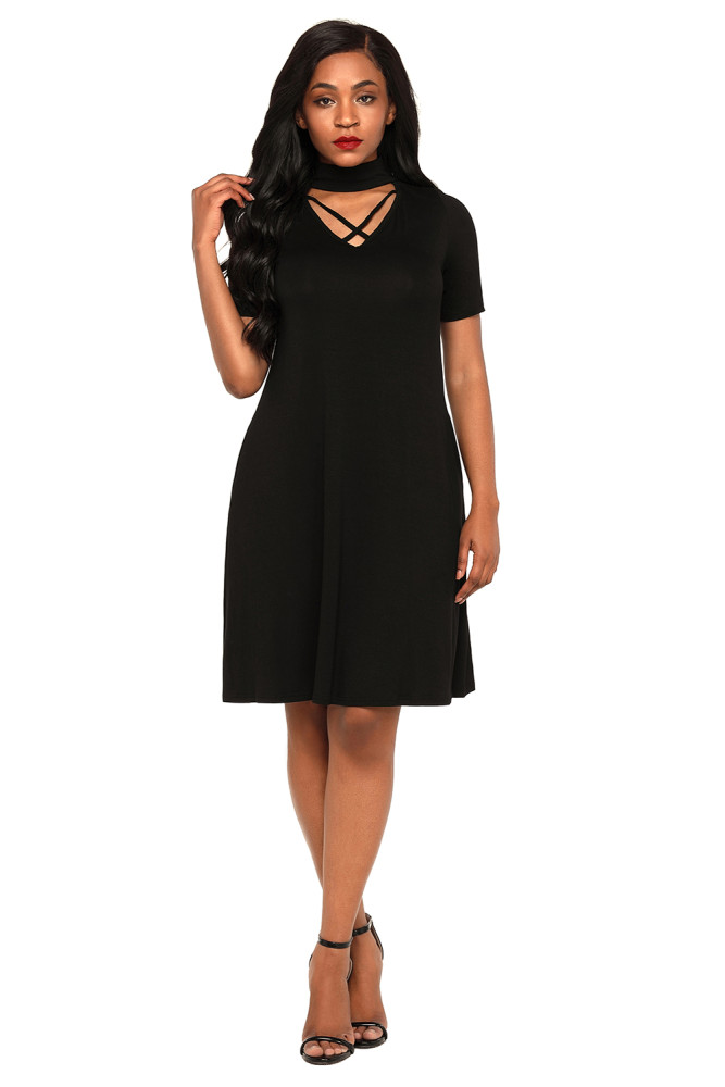 Black Soft Jersey Knit Cross Front Choker Dress