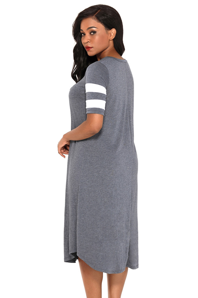 Striped Half Sleeves O Neck Flowy Jersey Dress in Gray