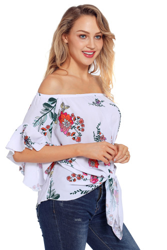 White Floral Tie Front Off The Shoulder Top