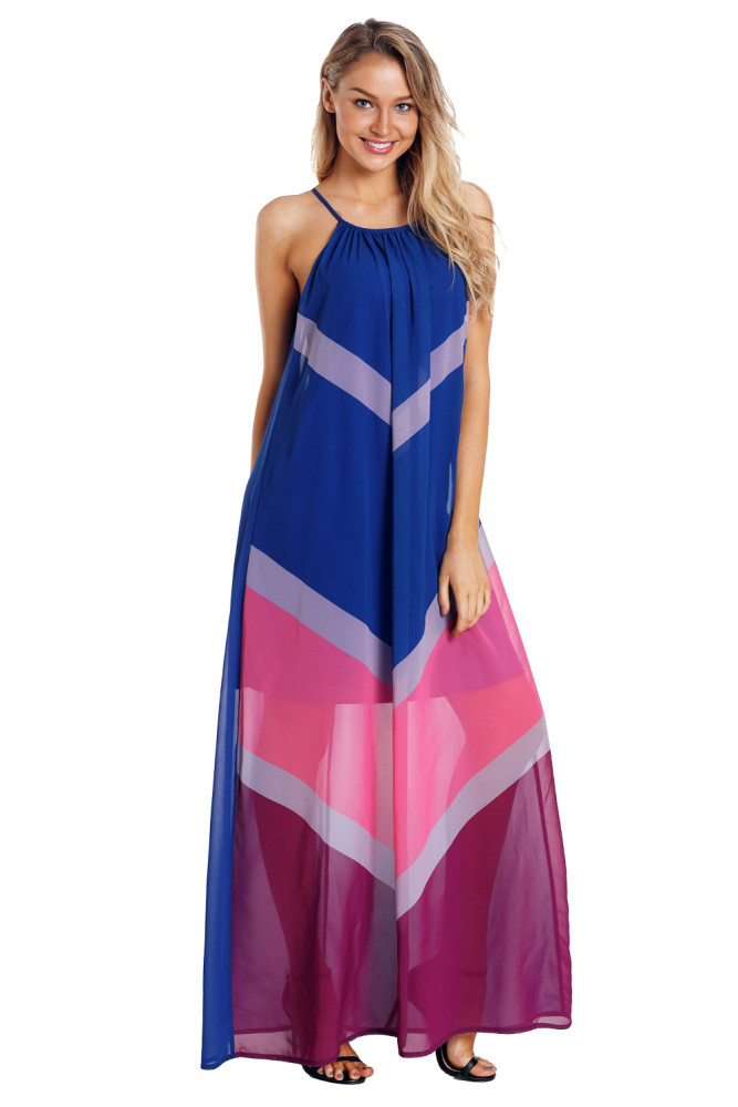 Blue Chevron Color Block Halter Neck Maxi Dress