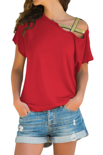 Glittery Cross Shoulder Detail Coral Short Sleeve Tee