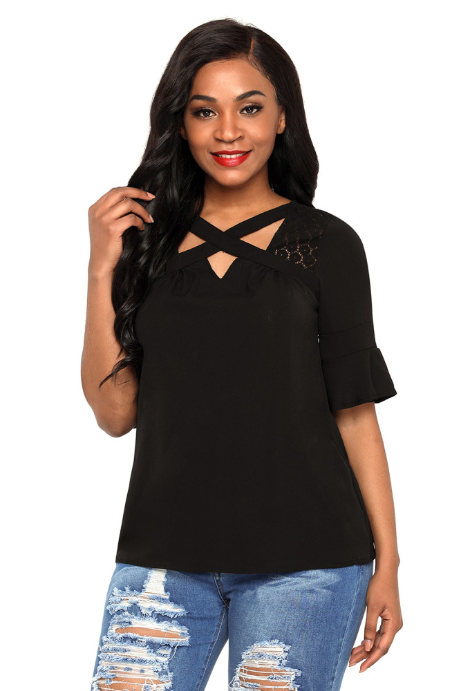 Black Crisscross Neck Lace Insert Bell Sleeve Top
