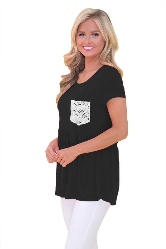 Black Lace Pocket Patch Babydoll Blouse Top