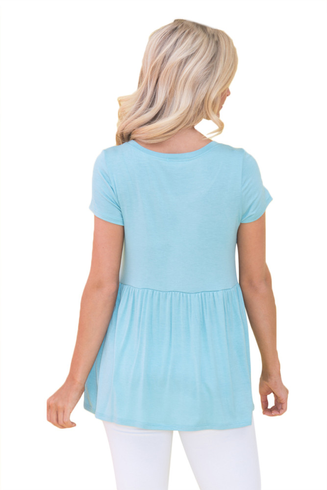 Blue Lace Pocket Patch Babydoll Blouse Top