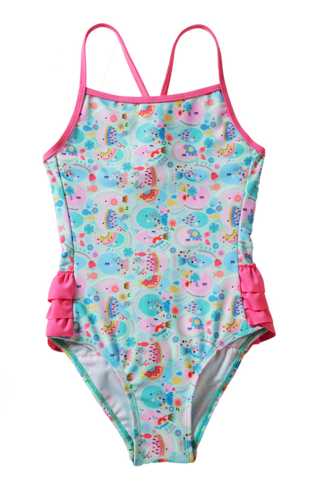 Girls’ Cartoon Fish World Ruffle Back Teddy Swimsuit