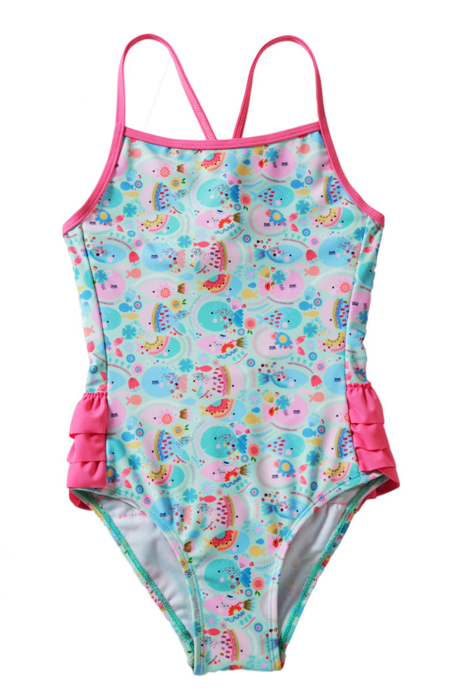 Girls’ Cartoon Fish World Ruffle Back Teddy Swimsuit