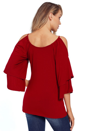 Burgundy Layered Sleeves Ruffled Off Shoulder Blouse