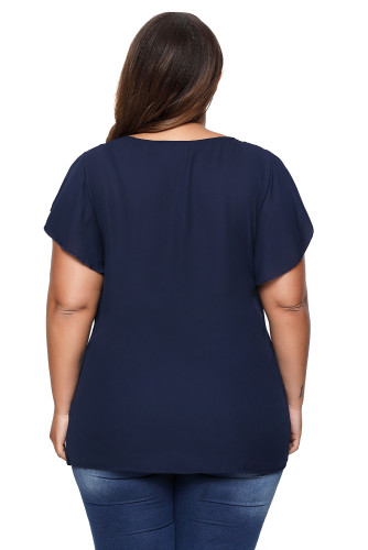 Blue Ruffled Detail Flutter Sleeves Plus Size Top
