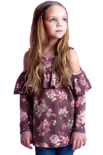 Pink Floral Cold Shoulder Ruffles Girl Top